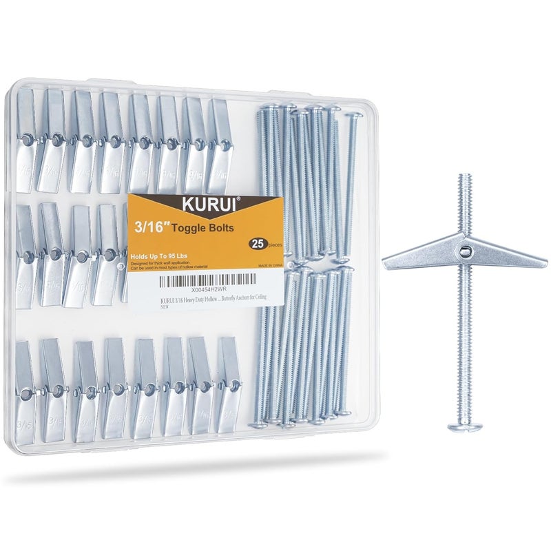 KURUI 3/16 Heavy Duty Drywall Anchors, 25 Pcs Metal Toggle Bolts with Bolts, Dry Wall Anchors and Screws Kit, Butterfly Anchors for Ceiling, Sheetrock, Hollow Wall - Image 1